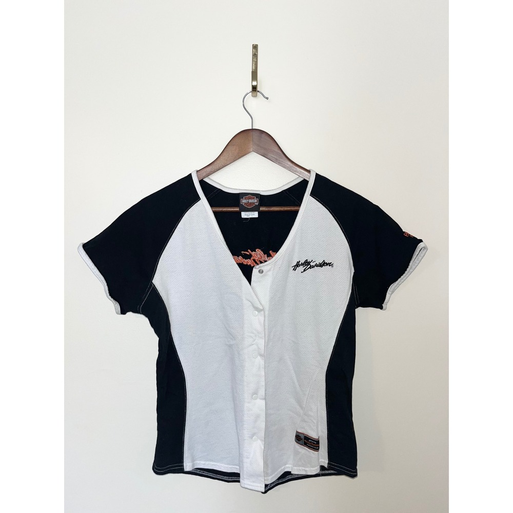 HARLEY DAVIDSON 2000s‎ Embroidered Women Jersey Black White Snap Front | Large